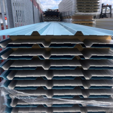 Very Cheap Trisomet 333 Composite Panels / Insulated Box Profile Steel Roofing Sheets in Wedgewood Blue with a Plastisol Coated Finish – Packs to clear